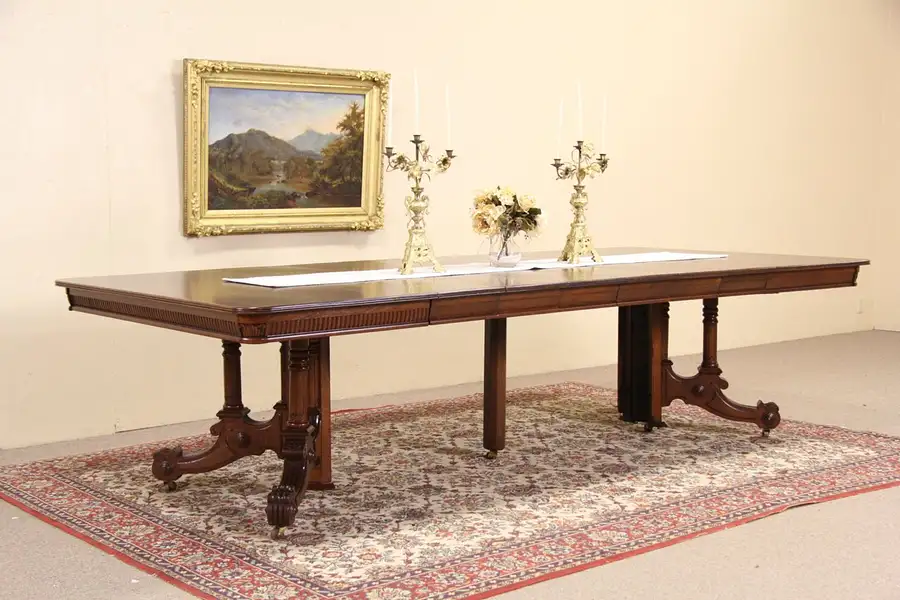 Main image of Victorian 1890 Antique Square Oak Pedestal Table, Extends 10'