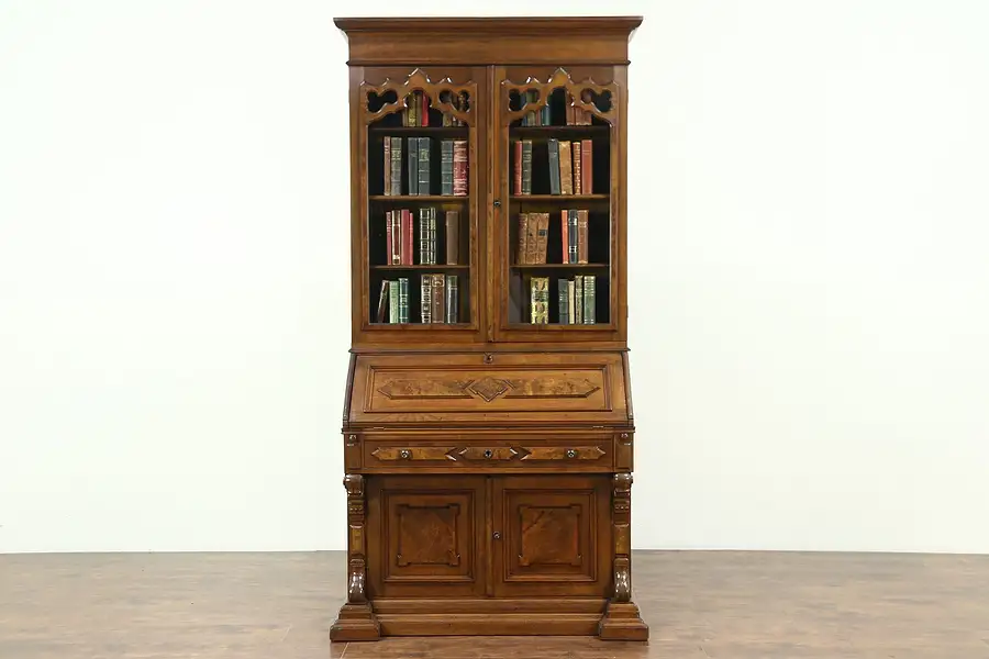Main image of Victorian Renaissance Antique 1870 Walnut Secretary Desk & Bookcase