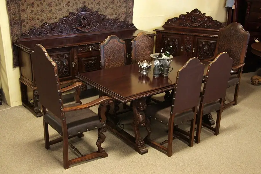 Main image of Antique Spanish 9 Pc. Dining Set with Carved Knights