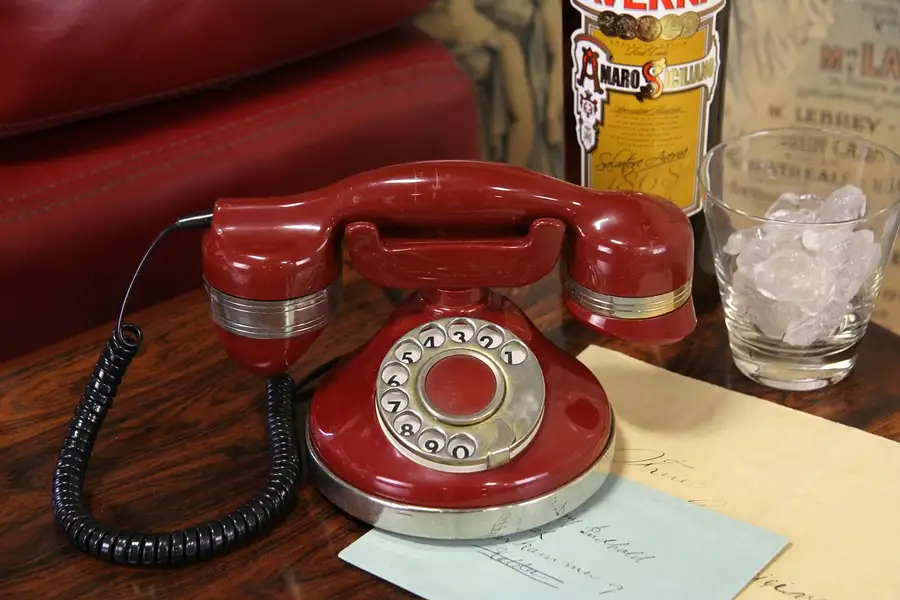 Main image of Red Italian Dial Telephone Set, 1970's Vintage Working, Black Cord