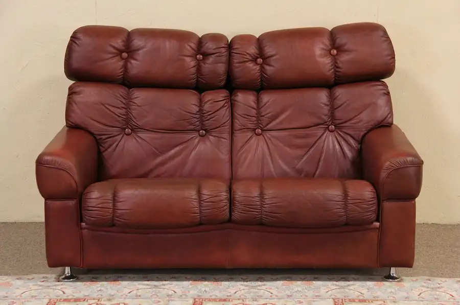 Main image of Tufted Leather Vintage Scandinavian Loveseat