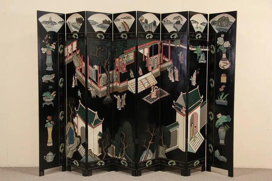Main image of Coromandel 8 Panel Carved Lacquer Chinese Screen