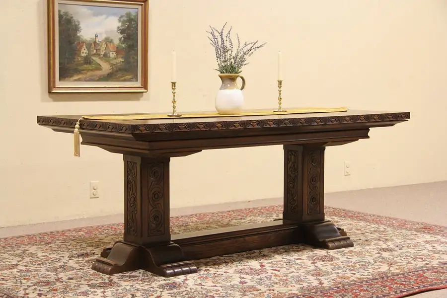Main image of Spanish Carved Oak 1920 Dining or Library Table or Writing Desk, 2 Leaves