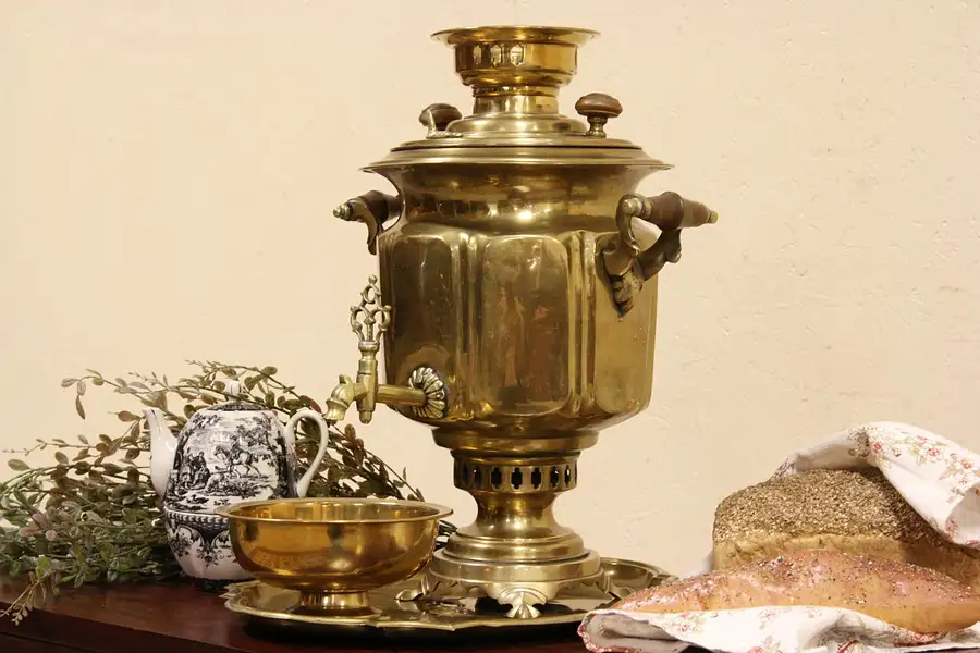 Main image of Russian Signed Antique 1890's Brass Samovar for Tea, Tray & Sugar Bowl