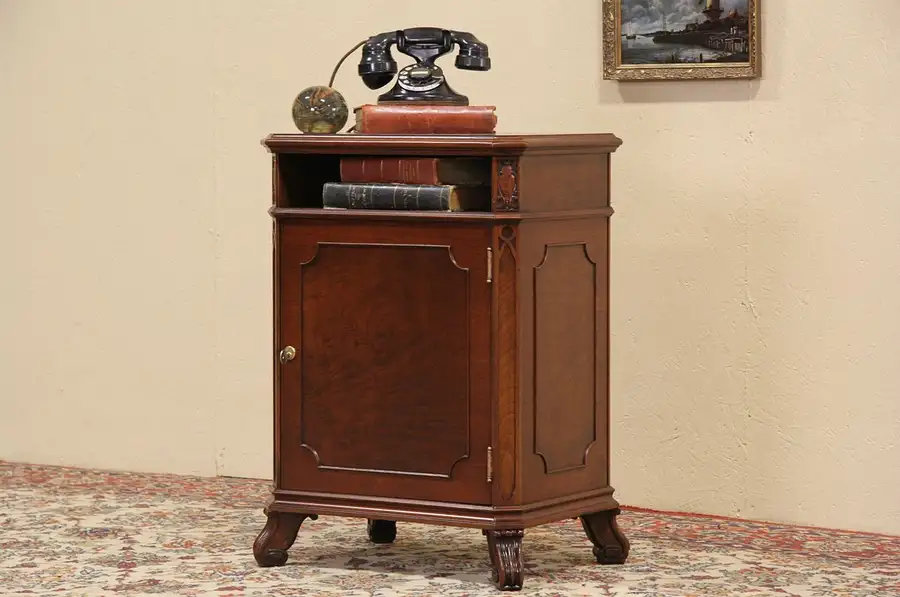 Main image of Executive Telephone or Printer Stand, Side Cabinet 1930's Carved Walnut & Burl,