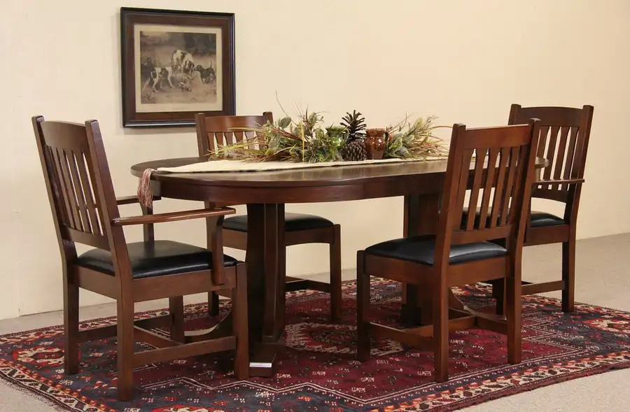 Main image of Stickley Vintage Arts & Crafts Dining or Game Table Set, 4 Chairs