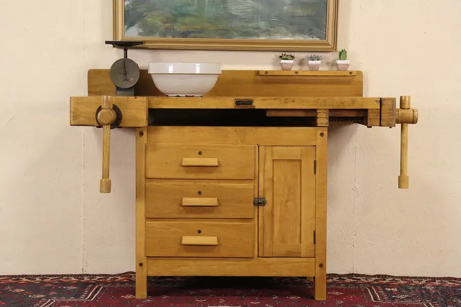 Main image of Country 1910 Antique Workbench, Counter or Island, 3 Drawers