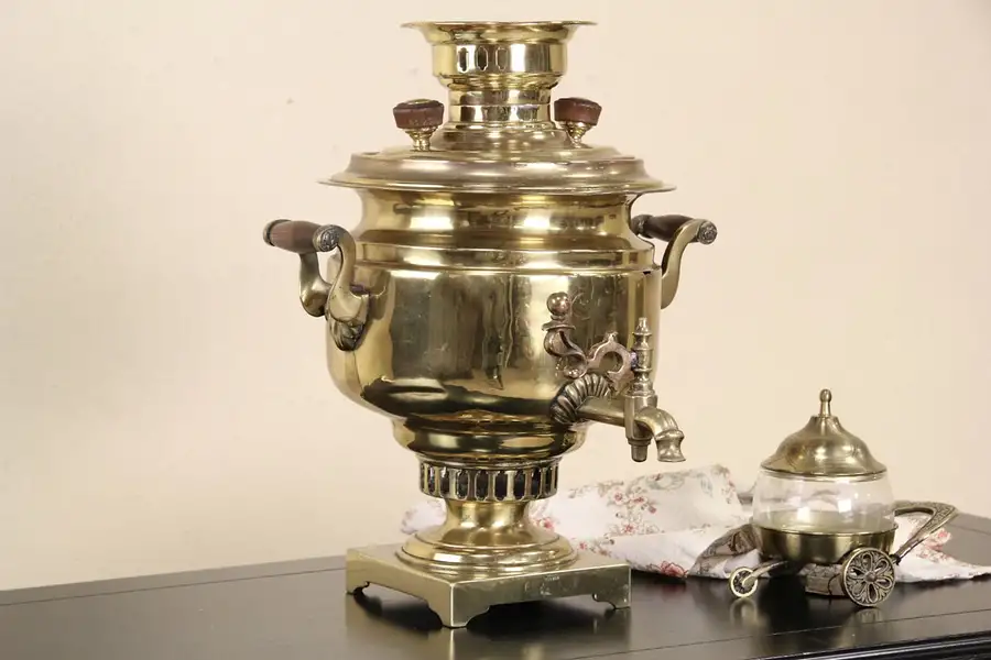 Main image of Russian Brass 1900 Antique Samovar, Hot Water Tea Kettle, Imperial Stamps