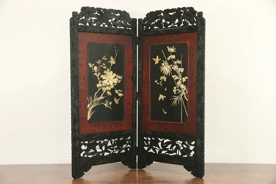 Main image of Asian 2 Panel 1900 Antique Screen w/ Birds, Hand Painted Lacquer, Carved Stone