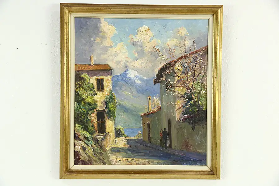 Main image of Italian Street Scene with Tree in Blossom, Original Vintage Oil Painting