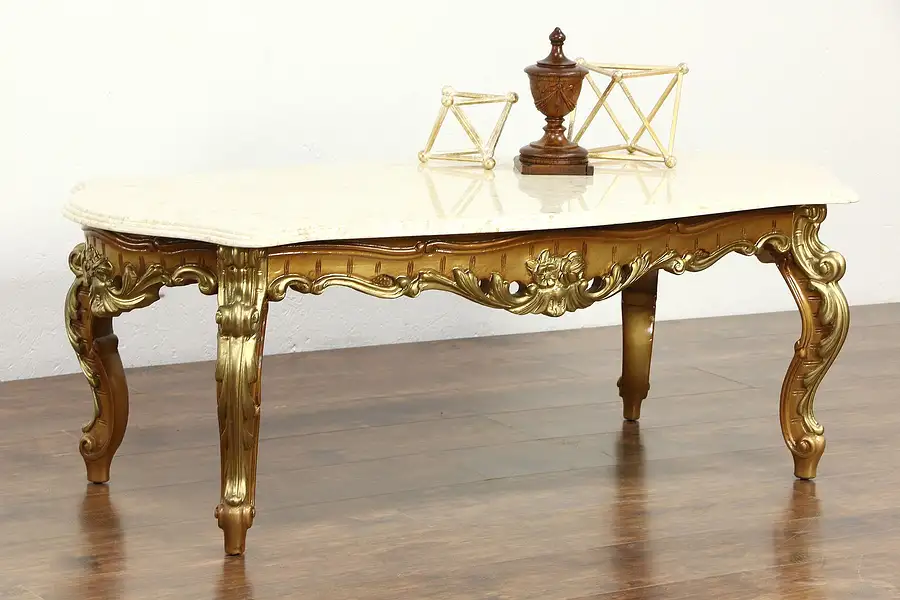 Main image of Carved Gold & Bronze Finish Vintage Coffee Table, Marble Top