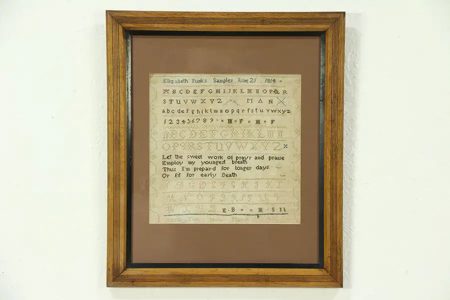 Main image of Sampler Cross Stitch Antique Signed Elizabeth Funks 1814, Philadelphia Frame
