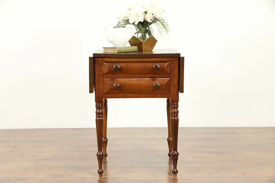 Main image of Pembroke Dropleaf Curly Tiger Maple Antique Lamp Table or Nightstand