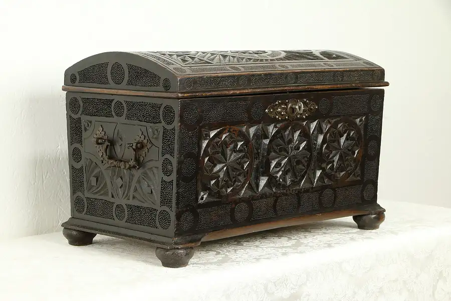 Main image of Hand Carved French Antique Small Treasure Chest or Trunk with Lock