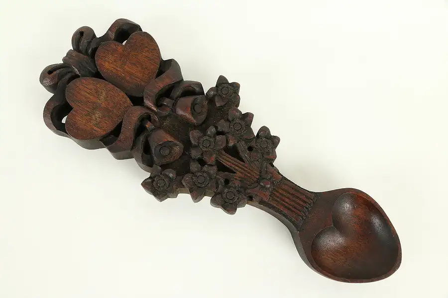 Main image of Welsh Hand Carved Mahogany Traditional Wedding Spoon, Hearts & Flowers
