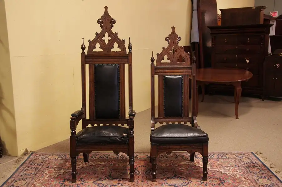 Main image of Pair Victorian Gothic Oak Throne Chairs