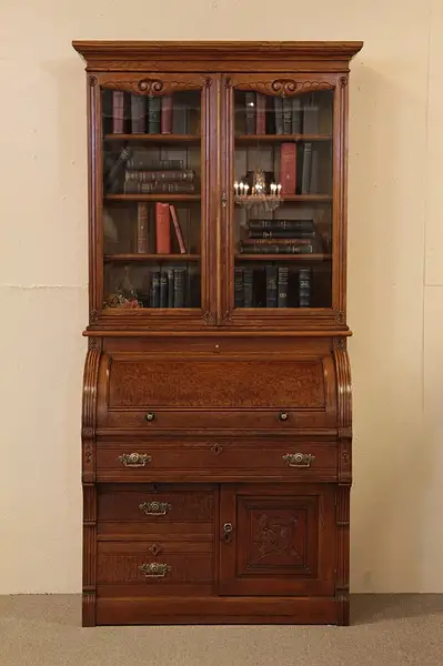 Main image of Eastlake Oak Cylinder Roll Secretary Desk, Bookcase