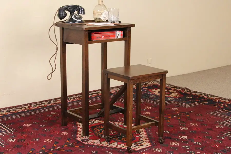 Main image of Arts & Crafts Mission Oak Antique 1900's Telephone Stand & Bench