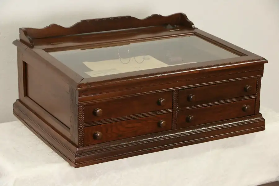 Main image of Oak 1900 Antique 4 Drawer Spool Cabinet, Glass Display Desk Lid