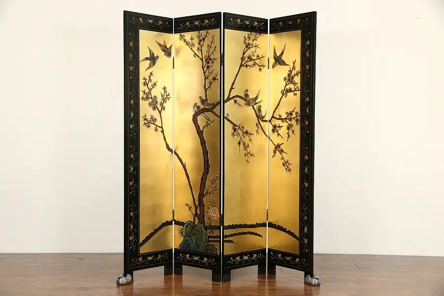 Main image of Chinese 4 Panel Coromandel & Gold Vintage Screen, Duck Feet
