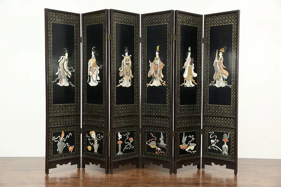 Main image of Chinese 6 Panel Carved Jade & Stone Vintage Lacquer Screen, 6 Musicians