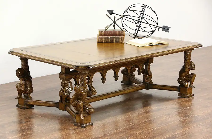Main image of Designer Coffee Table, Jester & Griffin Carved Sculpture Base, Tooled Leather