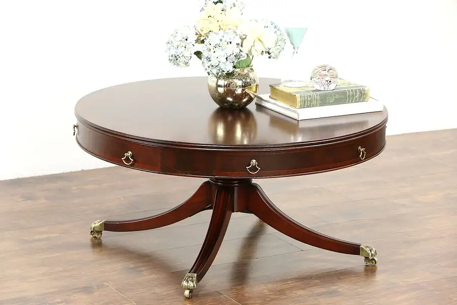 Main image of Traditional Drum Style Pedestal Coffee Table, 1950's Vintage, Brass Feet
