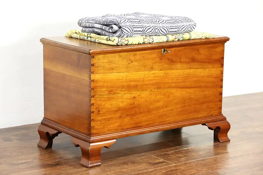 Main image of Cherry Antique 1825 New England Trunk Blanket Chest, Hand Cut Dovetail Corners