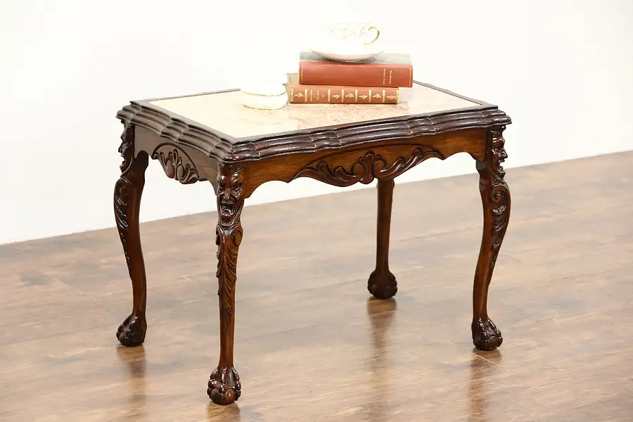 Main image of Walnut 1930's Vintage Coffee Table, Marble Top, Carved Faces