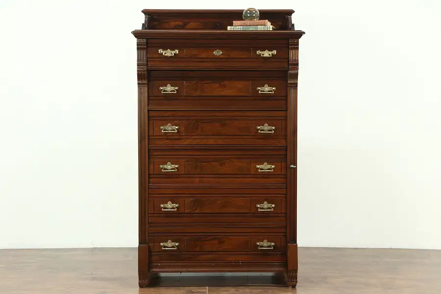 Main image of Victorian Eastlake Antique Walnut & Burl Sidelock Tall Chest or Dresser