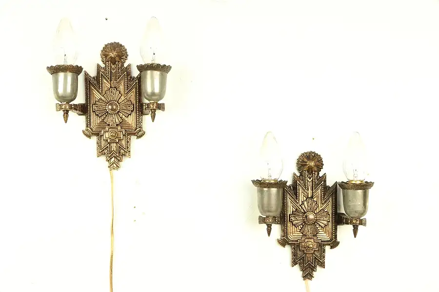 Main image of Pair Art Deco Lights 1930 Vintage Bronze Wall Sconces, Signed ISCO