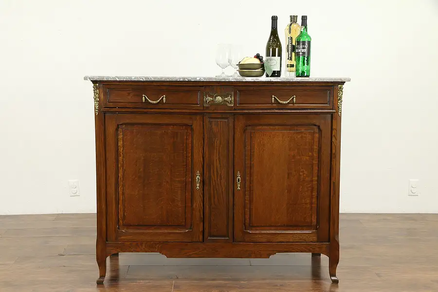 Main image of French Carved Oak Antique Sideboard, Server or Buffet, Marble