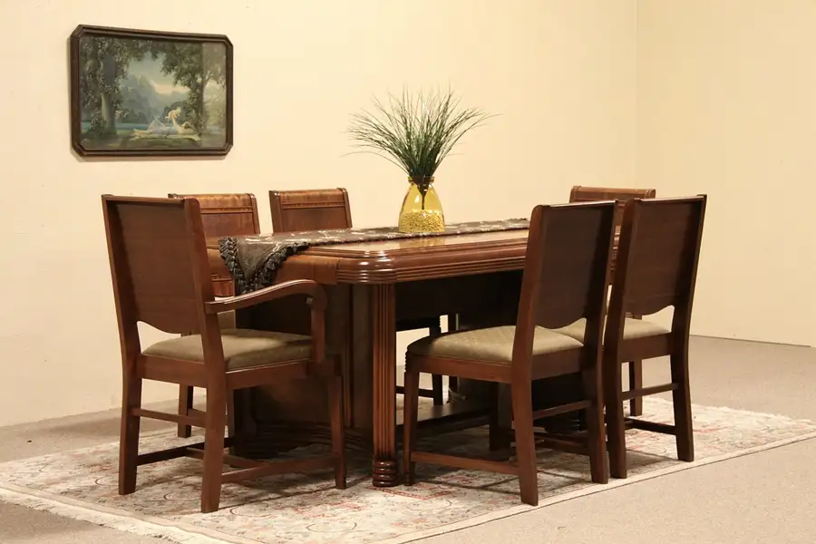 Main image of Art Deco 1930's Dining Set, Table, Leaf & 6 Chairs