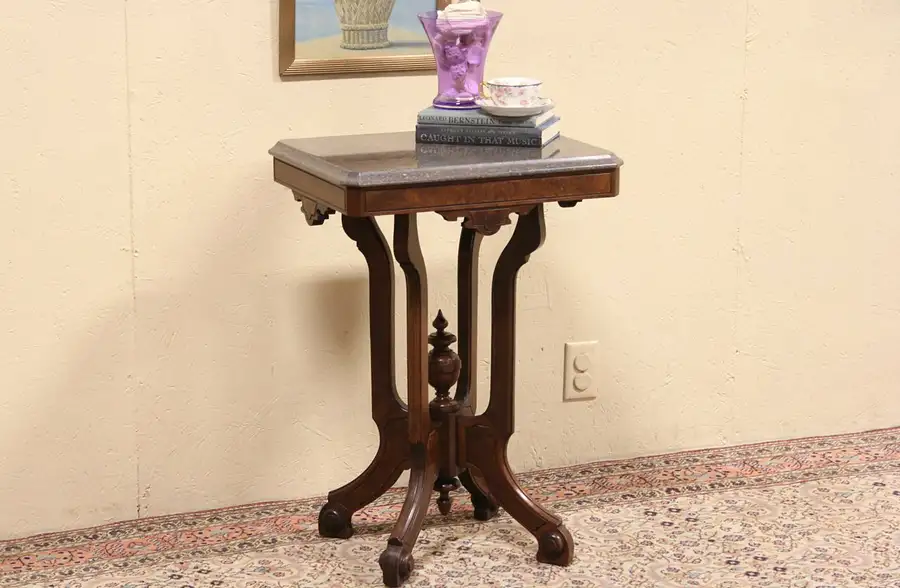 Main image of Victorian Eastlake Marble Top 1880 Antique Parlor Lamp Table