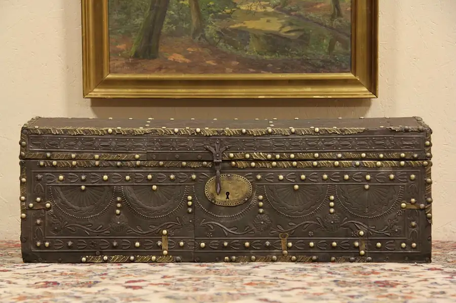Main image of Trunk or Chest, Mideast Embossed Tin & Brass Nailheads