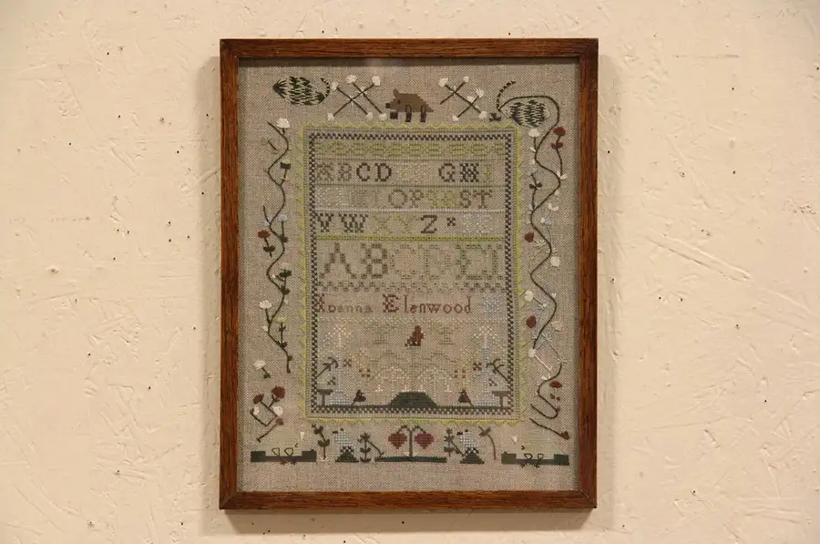 Main image of Vintage Needlework Signed Stitchery Sampler with a Pig