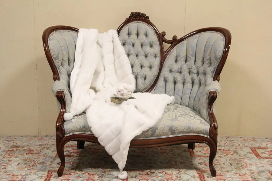 Main image of Victorian Style Carved Medallion Back 1950's Mahogany Loveseat