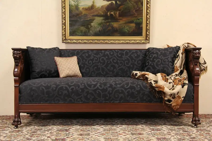 Main image of Carved Griffin & Lion Paw 1910 Antique Mahogany Sofa