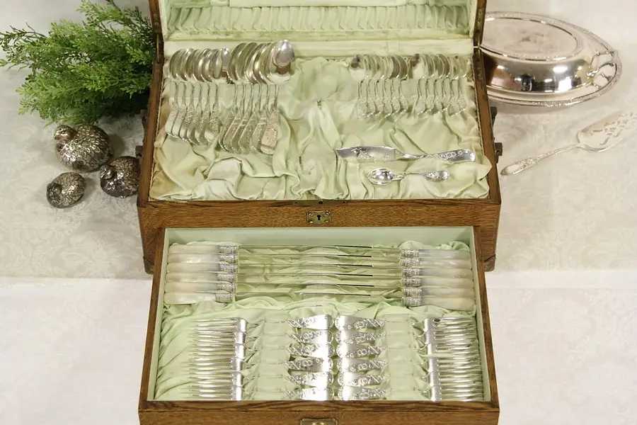 Main image of Victorian Sterling Silver & Pearl 1880 Antique Set of Flatware for 12