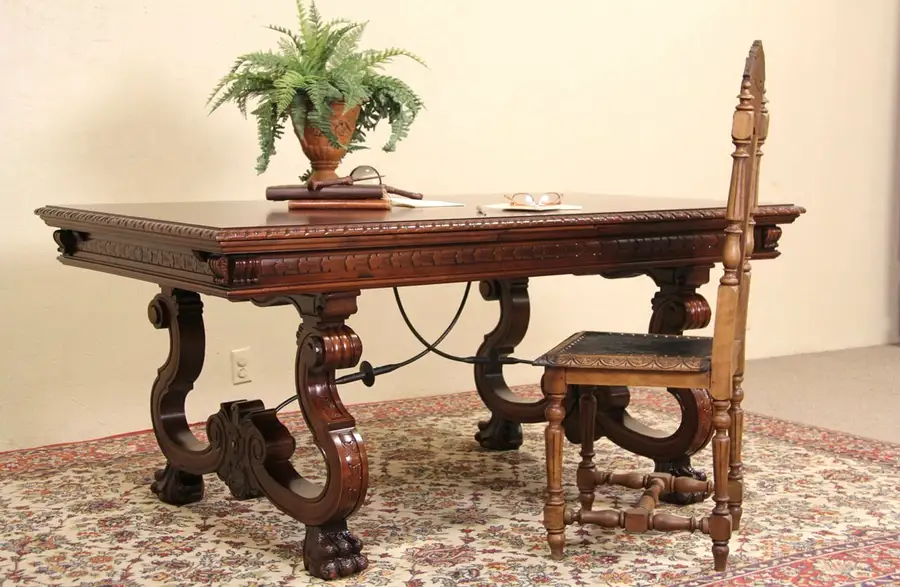 Main image of Spanish Colonial Carved Vintage Library or Dining Table, Pull Out Leaves