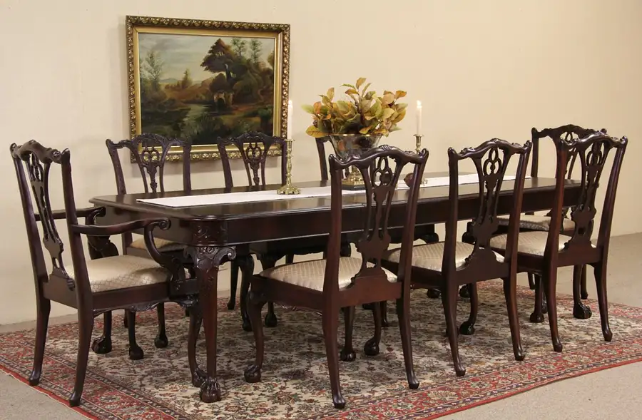 Main image of Georgian Vintage Carved Mahogany Dining Set, Table, 3 Leaves, 8 Chairs