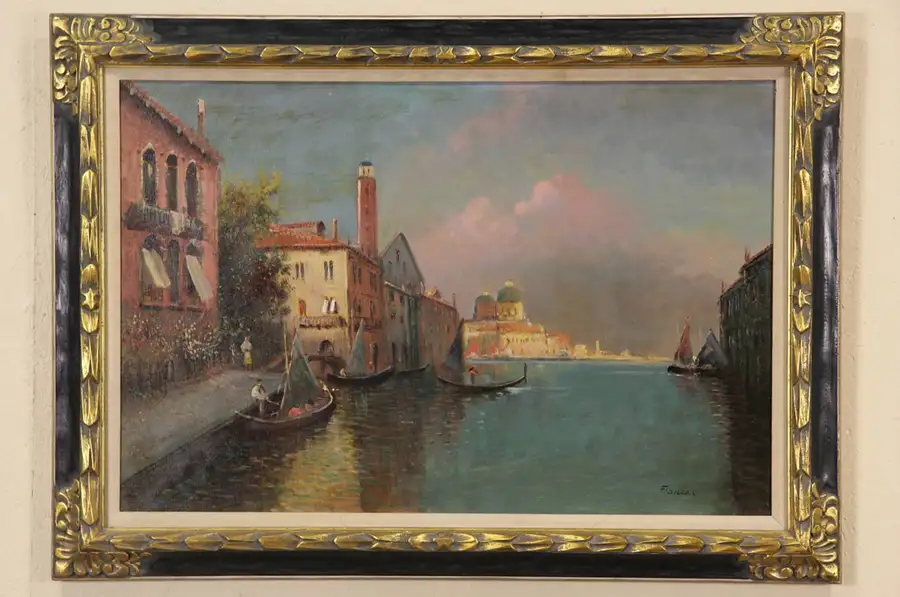 Main image of Venice Canal Vintage Original Oil Painting Signed Francois
