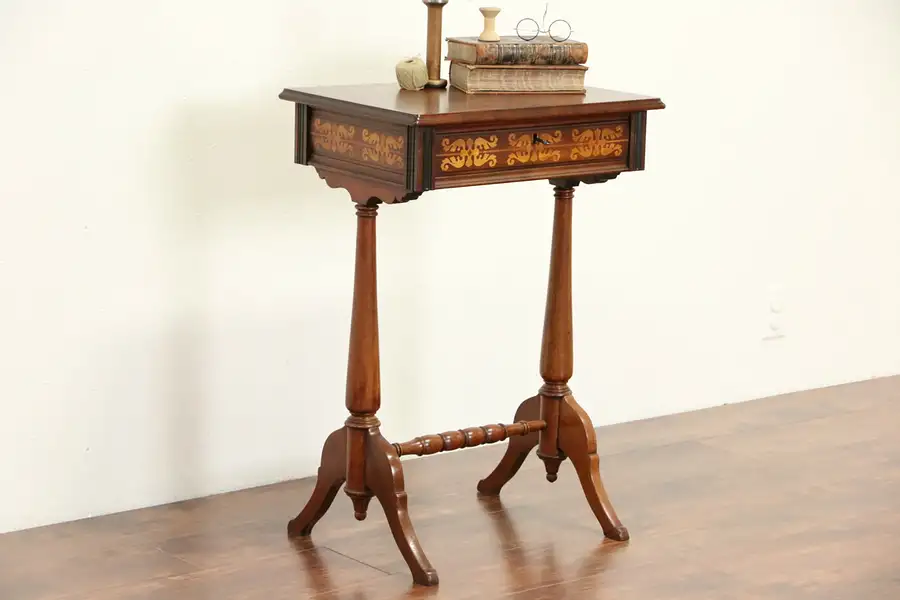Main image of Dutch 1870 Antique Sewing Stand Work Table, Inlaid Marquetry