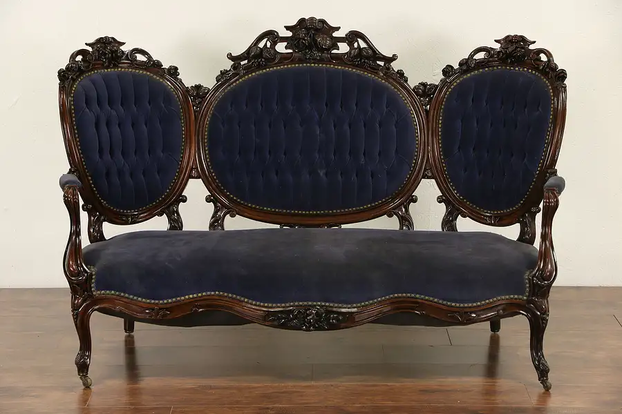 Main image of Victorian Hand Carved Rosewood 1860's Antique Sofa, Old Velvet