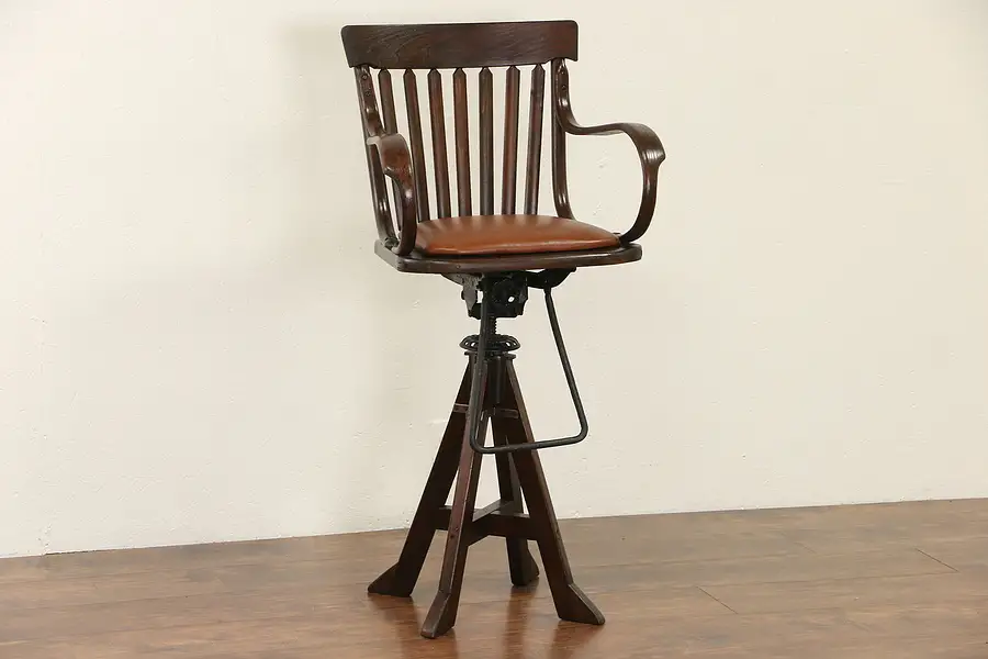 Main image of Oak Swivel 1900 Antique Architect or Drafting Stool, Leather Seat, Signed