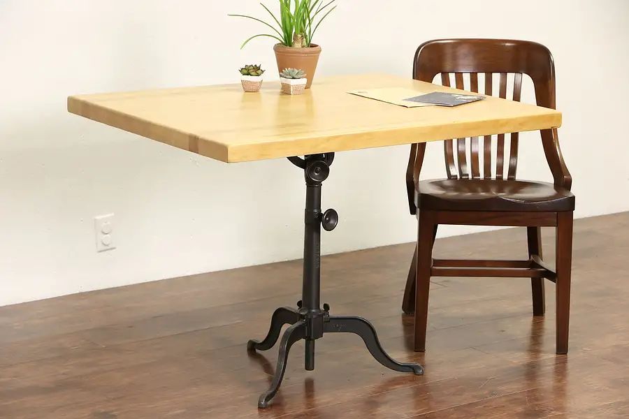 Main image of Industrial Adjustable Iron Tilting Table, Butcher Block Top, Signed Dietzgen