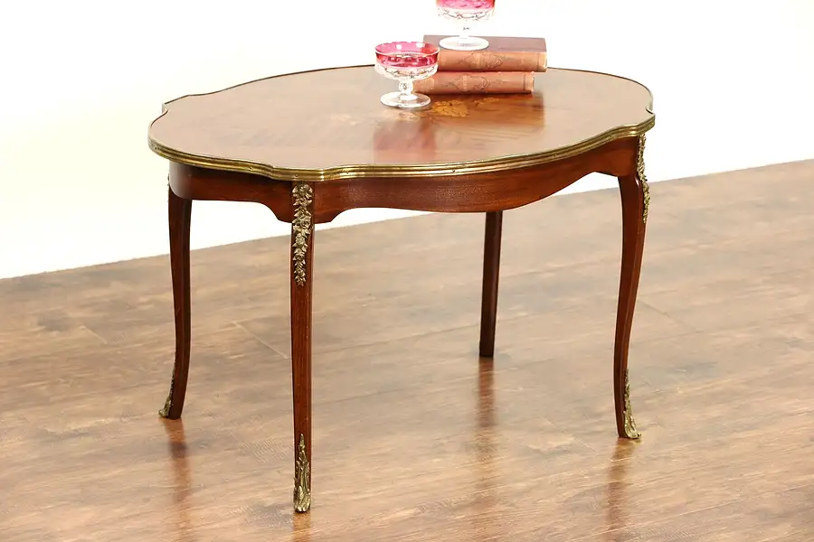 Main image of Marquetry 1940's Vintage Coffee or Cocktail Table, Brass Mounts, Signed Spain