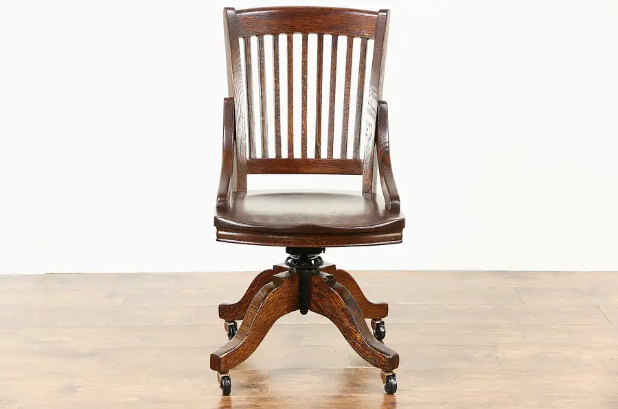 Main image of Swivel Adjustable Quarter Sawn Oak 1910 Antique Office Desk Chair, Signed Ford