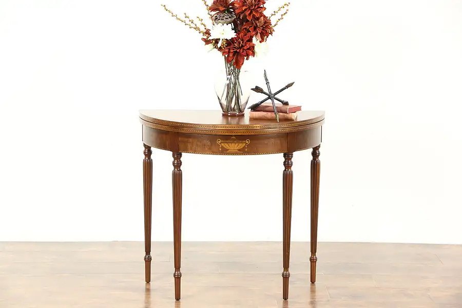 Main image of Sheraton Vintage Demilune Hall Console, Opens to Gate Leg Game Table, Signed