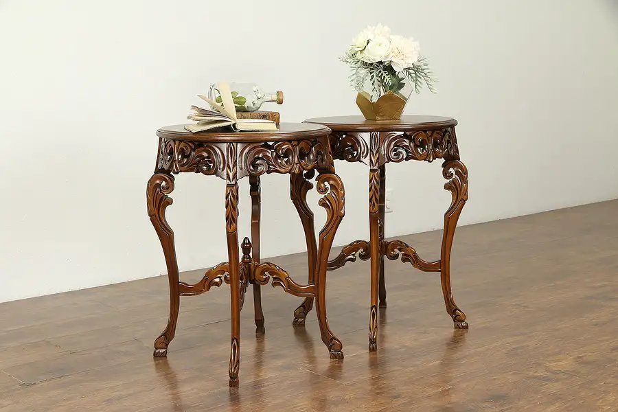 Main image of Pair of French Style Round Vintage Carved Walnut Lamp Tables